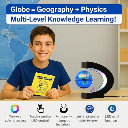 Magnetic Levitating Globe with 7-Color LED Lights, 360° Rotating Floating World Map Lamp, STEM Educational Night Light for Geography Learning, Cool Desk Decor & Unique Gift for Kids & Adults