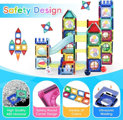 Magnetic Building Tiles, 158 PCS Magnetic Tiles for Kids Ages 3-5, 3D Magnet Building Blocks Set, STEM Learning, Education and Encourage Imagination, Presents for Boys and Girls