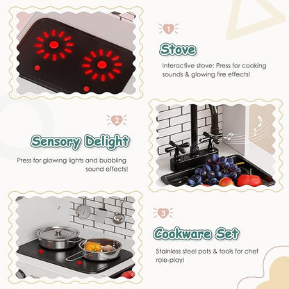 DlandHome Kids Kitchen Playset, Pretend Kitchen Playset with Real Lights & Sounds, Chef Pretend Play Set with Refrigerator, Microwave, Oven, Ideal Toy Gift for Toddlers and Kids Ages 3+
