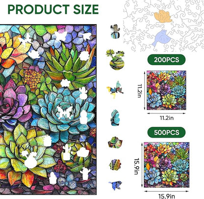 delobi Stained Glass Puzzle Succulent Wooden Puzzles for Adults 200 Pieces, Unique Liberty Challenging Jigsaw Puzzles Gift for Friends Family Game Medium Size 11.2'' x11.2''