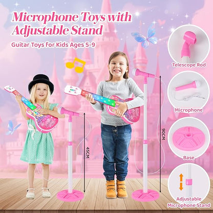 Kids Guitar and Microphone Playset, Musical Guitar Play Set with Adjustable Stand,Toy Guitar Starter Kit with 4 Strings, Electric Guitar Karaoke Toys with Music Lights for Boys Girls
