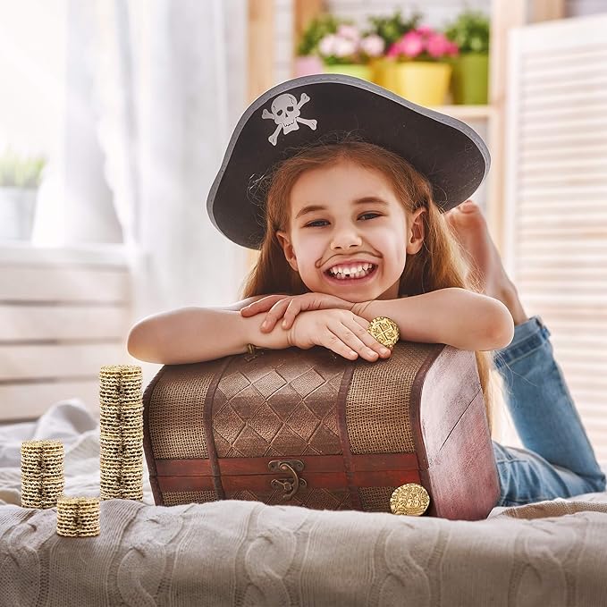 Large Metal Pirate Coins - 100 Gold Treasure Coin Set, Metal Replica Spanish Doubloons for Pirate Party Decorations & Favors, Tokens, Toys, Cosplay - Pirate Treasure Chest, Size 1.18"