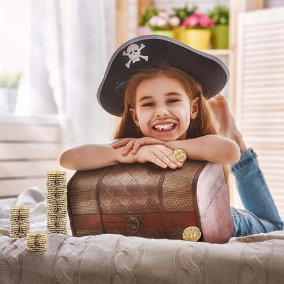 Large Metal Pirate Coins - 100 Gold Treasure Coin Set, Metal Replica Spanish Doubloons for Pirate Party Decorations & Favors, Tokens, Toys, Cosplay - Pirate Treasure Chest, Size 1.18"