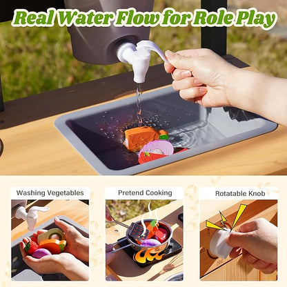ROBOTIME Mud Kitchen for Kids Outdoor, Wood Outdoor Kitchen with Insect Observation Box & Planter Box, Toddler Play Kitchen with Removable Sink & Faucet, Pretend Outdoor Playset for Garden Fun