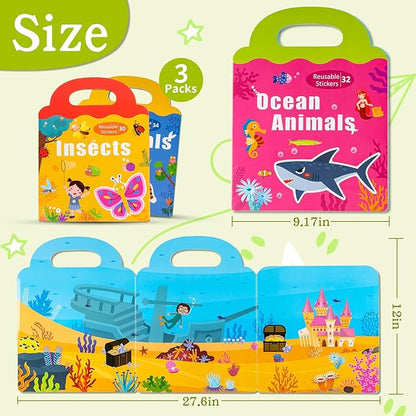 3 Sets Magnetic Reusable Sticker Book for Toddler, Animals/Ocean Animals/Insect Theme Activity Magnet Book for 3 4 5 Years Boys Girls Road Trip Airplane Train Travel Essentials Toy
