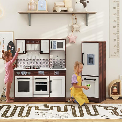 2-Piece Kids Kitchen Playset, Wooden Play Kitchen Set for Toddlers, Modular Pretend Play Kitchen w/Light&Sound Stove Oven, Large Kitchen Cooking Toy w/Refrigerator, Gift for Girls Boys