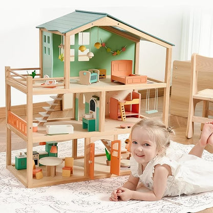 Giant bean Large Wooden Dollhouse with 32 Pcs Furniture Accessories, 3-Story Doll House 5 Rooms Balcony Wooden Stairs, Ideal Dollhouse Playset Toy for Kids Ages 3+, 30" H x 28" L x 13" W
