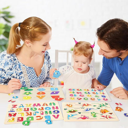 Montessori Wooden Peg Puzzles for Toddlers 3 4 5 Year Old, 4 Pcs Kids Educational Toys Preschool Learning Activities-Alphabet, Shape, Number and Dinosaur, Baby Puzzle Gifts for Boys Girls