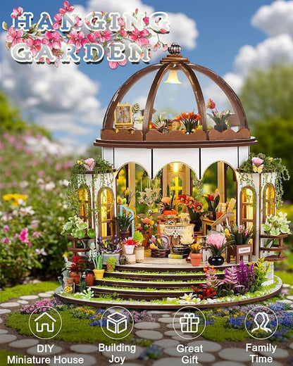 Miniature House Kit Hanging Garden, DIY Miniature Dollhouse Kit for Adults with Furniture & LED Lights, Wooden Craft Gifts for Adults Women Teens