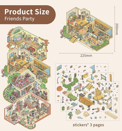 DIY 3D House Stickers, 4 Sets Fun DIY Stickers Scene Make Your Own Mini House Cute Cartoon Animal Scene Stickers for Kids Adult Sticker Art Relief Stress Pass The Time- Large Size