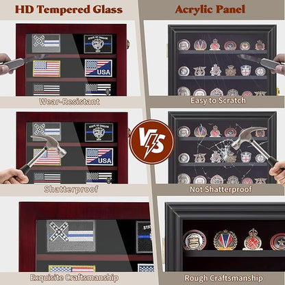 Military Challenge Coin Display Case 6 Rows Wooden Army Coin Holder with HD Tempered Glass Lockable Coin Wall Dsplay Box with Removable Shelves, Red