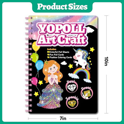 Fun & Mess-Free Foil Art Kit for Kids – 80 Foil Sheets & 32 Art Cards, No Glue Needed, Creative Craft Gift for Christmas Halloween Holiday Birthday（Princess Version）