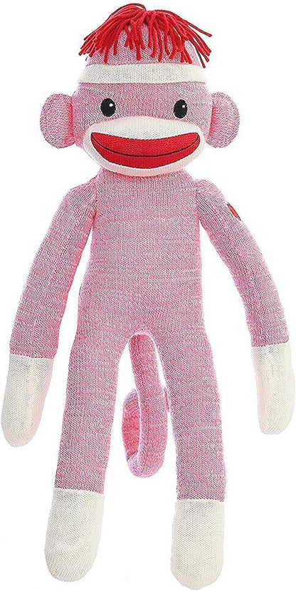 Adorable Sock Monkey, The Original Traditional Hand Knitted Stuffed Animal Toy Gift-for Kids, Babies, Teens, Girls and Boys Baby Doll Present Puppet (20" Pink)
