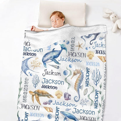 Personalized Baby Blanket for Girls Boys Kids Dolphins Turtles Custom Baby Blanket with Name Throw Birthday Gift for Toddlers Infants Shower Newborns Nursery Stroller Crib Bed Decor