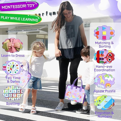 Esjay Toddler Busy Board Montessori Toys for Girls, Sensory Board Educational Activities Learning Fine Motor Skills, Birthday Gifts for Girls Toddlers, Travel Toys for Airplane Car, Purple Merpeople