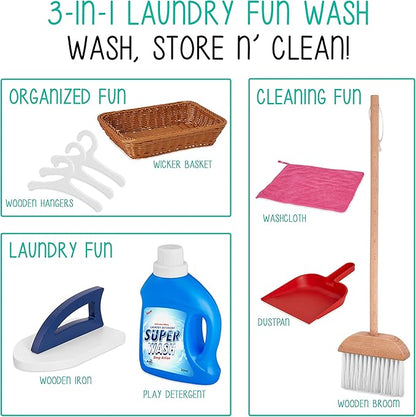 Lil' Jumbl Kids Washer and Dryer Playset, Wooden Children's Pretend Laundry Set, Includes Broom, Dustpan, Iron, Hangers & Basket, Realistic Laundry Room for Kids