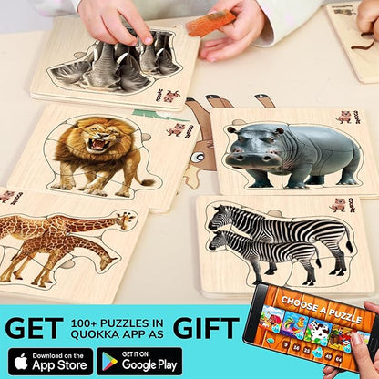 QUOKKA Realistic Wooden Puzzles for Toddlers 1-3 Year Old - 5,9 x5,9 Inches Kids Puzzles Ages 2-4 - Safari Montessori Toddler Toys - Motor Skills Games Gifts for Boys and Girls