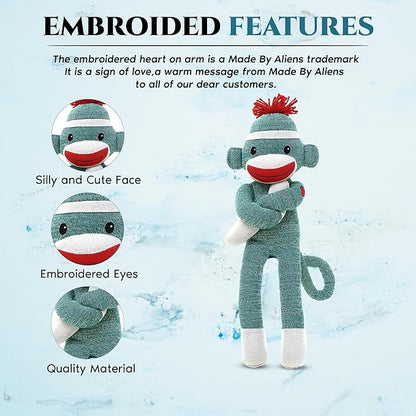 Adorable Sock Monkey, The Original Traditional Hand Knitted Stuffed Animal Toy Gift-for Kids, Babies, Teens, Girls and Boys Baby Doll Present Puppet (20" Green)