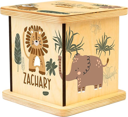 Wooden Piggy Bank for Kids and Adults, Personalized Gift Handmade in USA by BloomOwl, Custom Piggy Bank, Personalized Banks for Kids, Gifts for Baby Boys and Girls (Earthy Jungle)