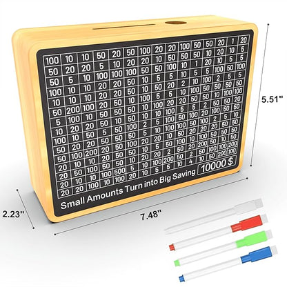 Piggy Bank for Adults Kids, Wooden Coin Bank for Boys and Girls, Cash Vault Money Saving Box with Counter $10000 $5000 $3000 $1000 Savings Challenge Money Box with Money Target and Numbers (Wood Box)