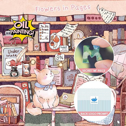 MOMIBOOK Puzzles for Adults 1000 Pieces Jigsaw Puzzles of Flowers in Pages, Painting Image Bookstore Bookshop Difficult Challenging Hard Impossible Puzzle Unique Funny Party Christmas Birthday Gifts