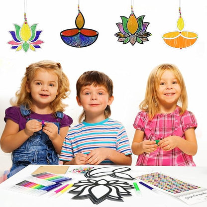 Cinrobiye 24 Set Happy Diwali Craft Kits Diwali Party Favors Foil Art DIY Lotus Flower Hanging Ornaments Festival of Lights Deepavali Paint Craft for Indian Temple Sunday Classroom Activity Supplies
