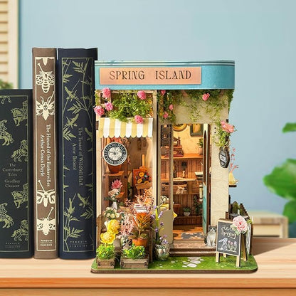 DIY Book Nook Kit, Miniature Bookshelf Decor with LED Lights, Laser-Cut Wooden Craft Set for Adults, Creative Gift for Christmas, Birthday, Spring Island
