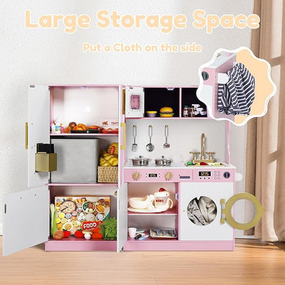 Play Kitchen Sets for Kids, Pretend Wooden Kids Kitchen Playset, Interactive Toy Kitchen with Freezer, Washing Machine, Ice Maker & Large Storage Space, for Boys Girls Ages 3+, Pink