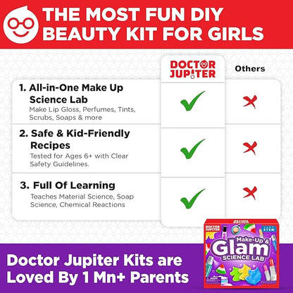 Doctor Jupiter Glam DIY Craft, Make-Up Kit for Girls Ages 6-8-12 | Lip Gloss, Bath Bomb, Perfume Making Kit with 50 Beauty Science Experiments | Birthday Gift Ideas for 6-7-8-9+ Year Old Girls