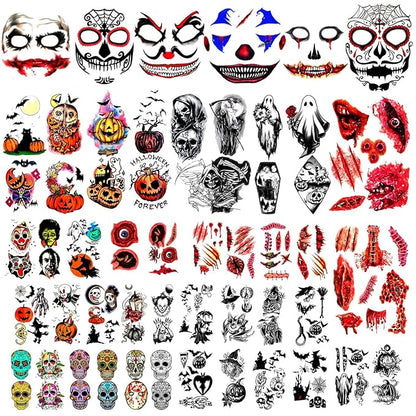 Yazhiji 42 Sheets Halloween Temporary Tattoo Family Set Day of Dead Pumpkin Ghost for Women Black Fake Death Skull Skeleton Tatoos for Men Boy and Girl, Halloween Zombie Makeup Tattoo Kit
