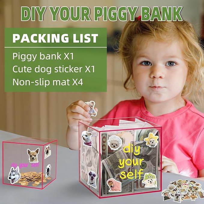 Clear Piggy Bank for Adults/Kids, Acrylic Unopenable Money Box for Cash Coin Saving, Must Break to Open, Money Saving Jar for Adults Boys Girls, Size 7.48''