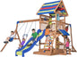 Backyard Discovery Beach Front Cedar Wood Swing Set with Wave Slide, Play Deck, Monkey Bars, Rock Wall Ladder, Shaded Picnic Area, Snack Bar, Belt Swings, Trapeze, Sandbox Area, Outdoor Playset