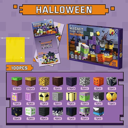 Halloween Magnetic Blocks 100 Pieces for Kids, Magnetic Tiles 3D Sensory Construction Building Dog Pumpkin, Magnet Cubes Stacking Toys Games for Toddlers Boys Girls Ages 3+