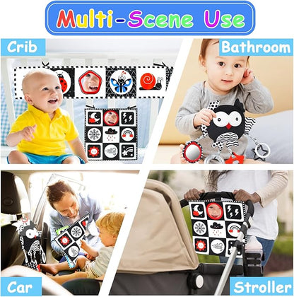 KUANGO Black and White High Contrast Baby Toys 0-6 Months with Mirror, Crinkle and Rattles, Soft Baby Toys for Brain Development Montessori Sensory Tummy Time Newborn Infant for 0 3 6 9 Months Old