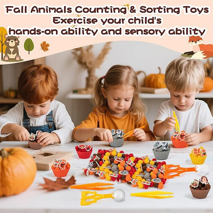 EZdhuawuse Fall Sensory Bin Fillers - 267 Autumn Animals Thanksgiving Fine Motor Toys Sorting Stacking Toys for Kids, Felt Hedgehog Squirrel Turkey for Preschool Education Early Development Activity