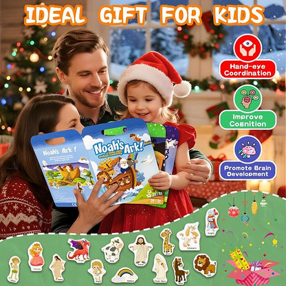 3 Pack Reusable Sticker Books for Kids, Waterproof Puffy Stickers - Match and DIY Scene, Toddler Travel Essential Activities Toys - Christianity Jesus, Noah's Ark and Fairy Tales (2-6 Age)