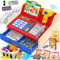 Rechargeable Wooden Cash Register for Kids, Pretend Play Calculator Cash Register Toys with Scanner, Play Money&Credit Card, Play Cash Register, Toddler Boys Girls Age 2-4 4-8