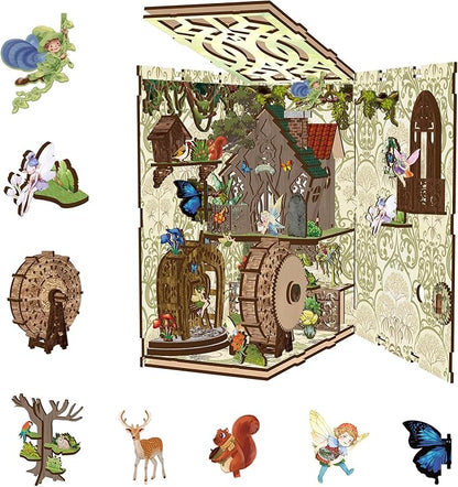Book Nook Kit - DIY Miniature Dolls House Kit with Furniture and LED Light, 3D Puzzle Wooden Art Bookends, Model Kits for for Adults and Teens (Secret Forest)