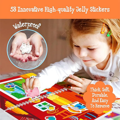 Reusable Jelly Sticker Book, 58 Farm Animals Thick Jelly Stickers Waterproof Gel Cling Decals Farm Themed Busy Book Hands-on Activity Travel Game Educational Learning Toys for Toddlers, Kids
