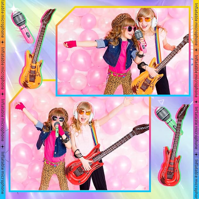 36 Pcs Colorful Inflatable Instruments Rock Star Toy Set Including 12 Pcs Plastic Microphones, 24 Inflatable Guitars and 2 Inflator for Musical Concert Themed Party Decoration