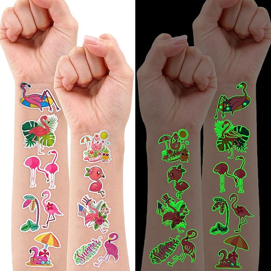 96 PCS Funny-Flamingo Glow In The Dark Pre-Cut Temporary Sticker Summer Tropical Hawaiian Luau Birthday Supplies Gifts Girls Boys Baby Showers Prizes Cute School Reward Themed (Luminous)
