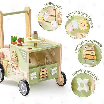 ROBUD Wooden Baby Walker, Baby Push Walker for 10+ Months, Montessori Push Toy, Adjustable Speed & Height Learning Toy with Activity Panel (Rustic Farm Adventure Theme)