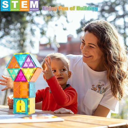 Magnetic Tiles, 96PCS Magnetic Block Toddler Toys with 2 Cars, 3D Clear Magnet Building Tiles Set, STEM Educational Toys for Kids 3-9 Years