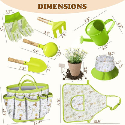 Kids Gardening Tool Set 18PCS Kids Toddler Gardening Set Includes Tote Bag Watering Can Apron Hat Rake Shovel Spoon Gloves Plant Pots and Labels, Outdoor Toys Gift for Boys Girls (Green)