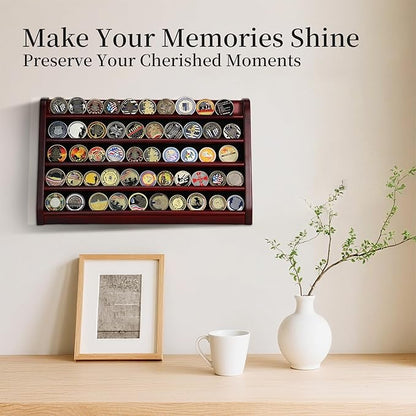 5 Rows Challenge Coin Holder Display Stand Holds 50 Coins for Wall Mount or Tabletop, Solid Wood Military Coin Rack Display Case for Army Collectibles, Mahogany