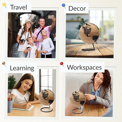 Mini Cork Globe 7.5" Tall | World Travel Map with Metallic & Colored Push Pins | 3D World Map Pin Board for Home or Office | Unique Gift for Travelers, Couples & Families Push Pins Map