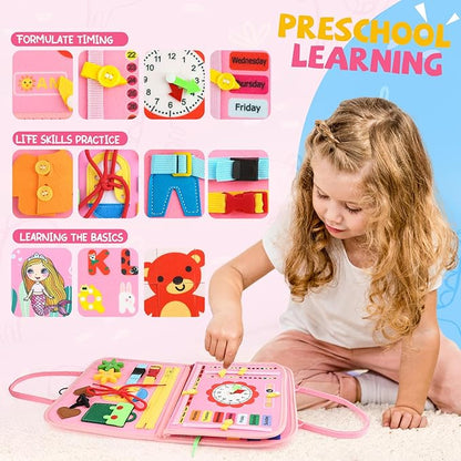 Toddler Busy Board, Montessori Sensory Toys for Boys, 1-4 Year Old Girl Toddler Travel Toys, Educational Learning Activities Board for Motor Skills, Birthday Gifts for Airplane Car, Pink