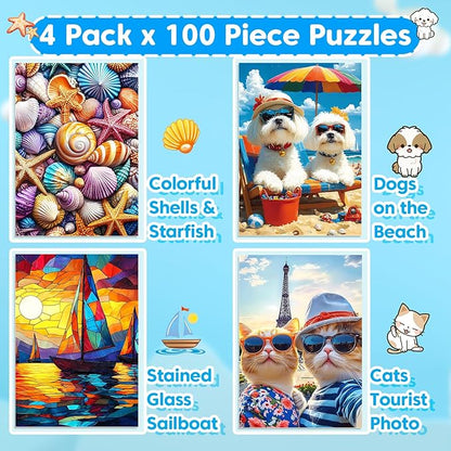 4-Pack 100 Piece Puzzles for Kids Ages 4-6 6-8 8-10, Shells Sailboat Cats & Dogs Jigsaw Puzzles, Fun & Engaging Kids Puzzle, for Boys and Girls Puzzle Toys as Home Decor