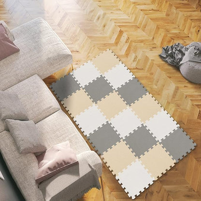 qqpp EVA Rubber 18 Tiles Interlocking Puzzle Foam Floor Mats - Baby Play Mat for Playing | Exercise Mat for Home Workout. White, Beige, Gray. QC-AJLb18N