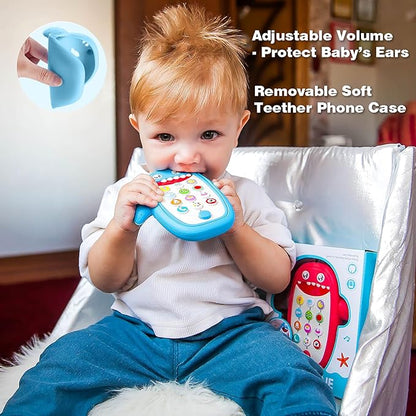 Baby Shark Cell Phone Toy Removable Teether Case, Light, Music & Adjustable Volume Kids Play & Learn Fake Phone Infant Toddler, Preschool Holiday Birthday Present for Girl Boy 12 Months (Blue)